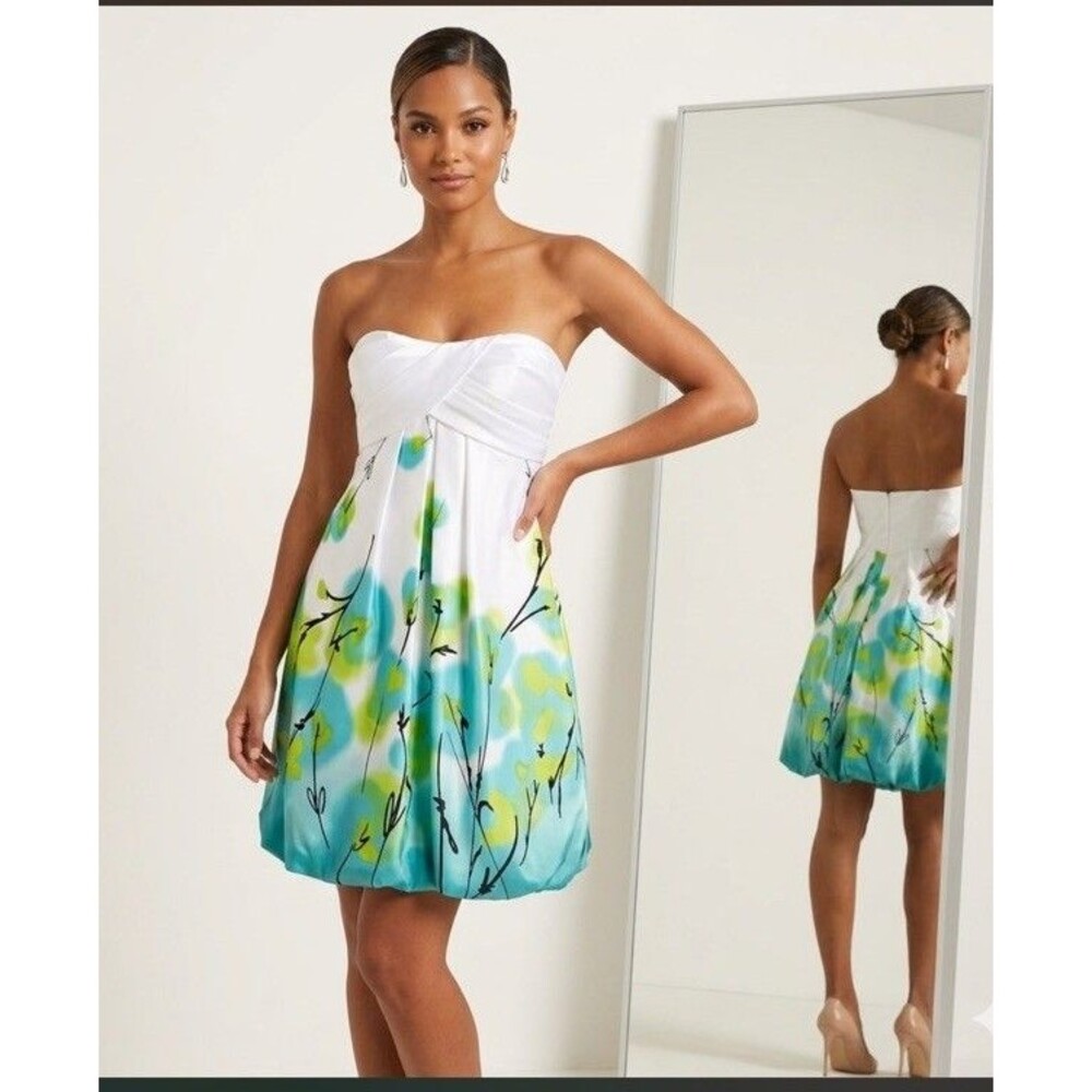 Jump Made In USA White Blue Green Floral Strapless Cocktail Party Dress Size 1-2